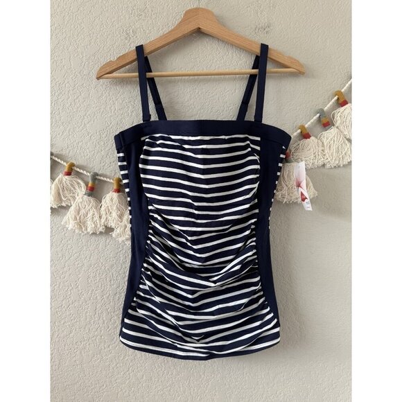 Lands End Bandeau Tankini Deep Sea Stripe Swim Top Padded Square Neck NWT Beach - Picture 1 of 9